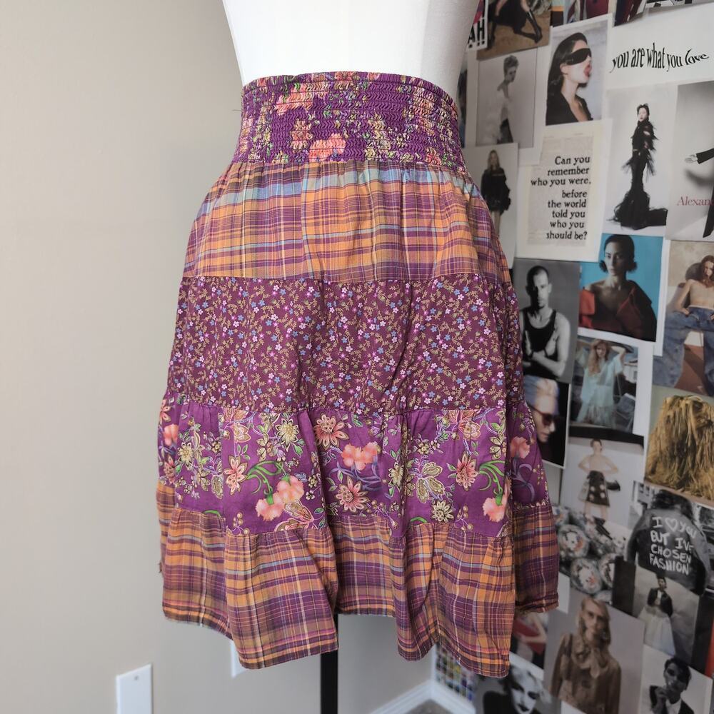 Tiered Floral and Plaid Patchwork Skirt Boho